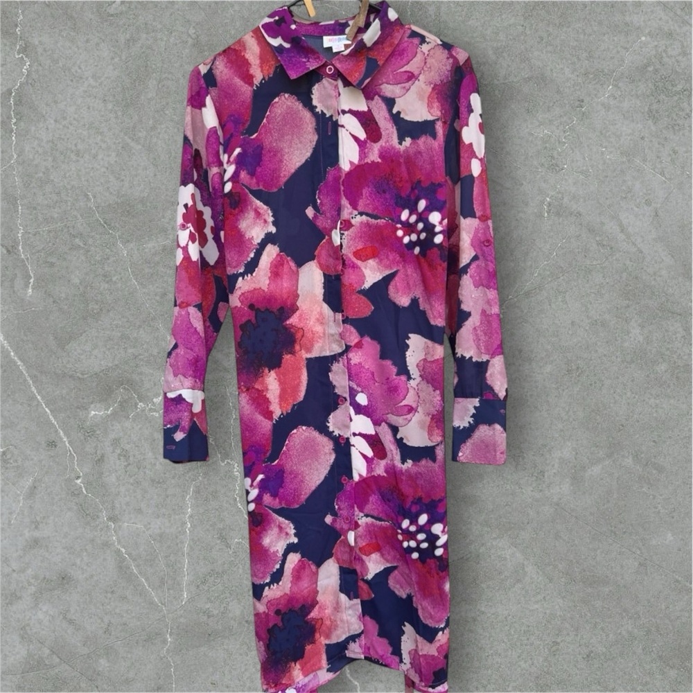 LuLaRoe Blue and Pink Notched Collar Midi Dress